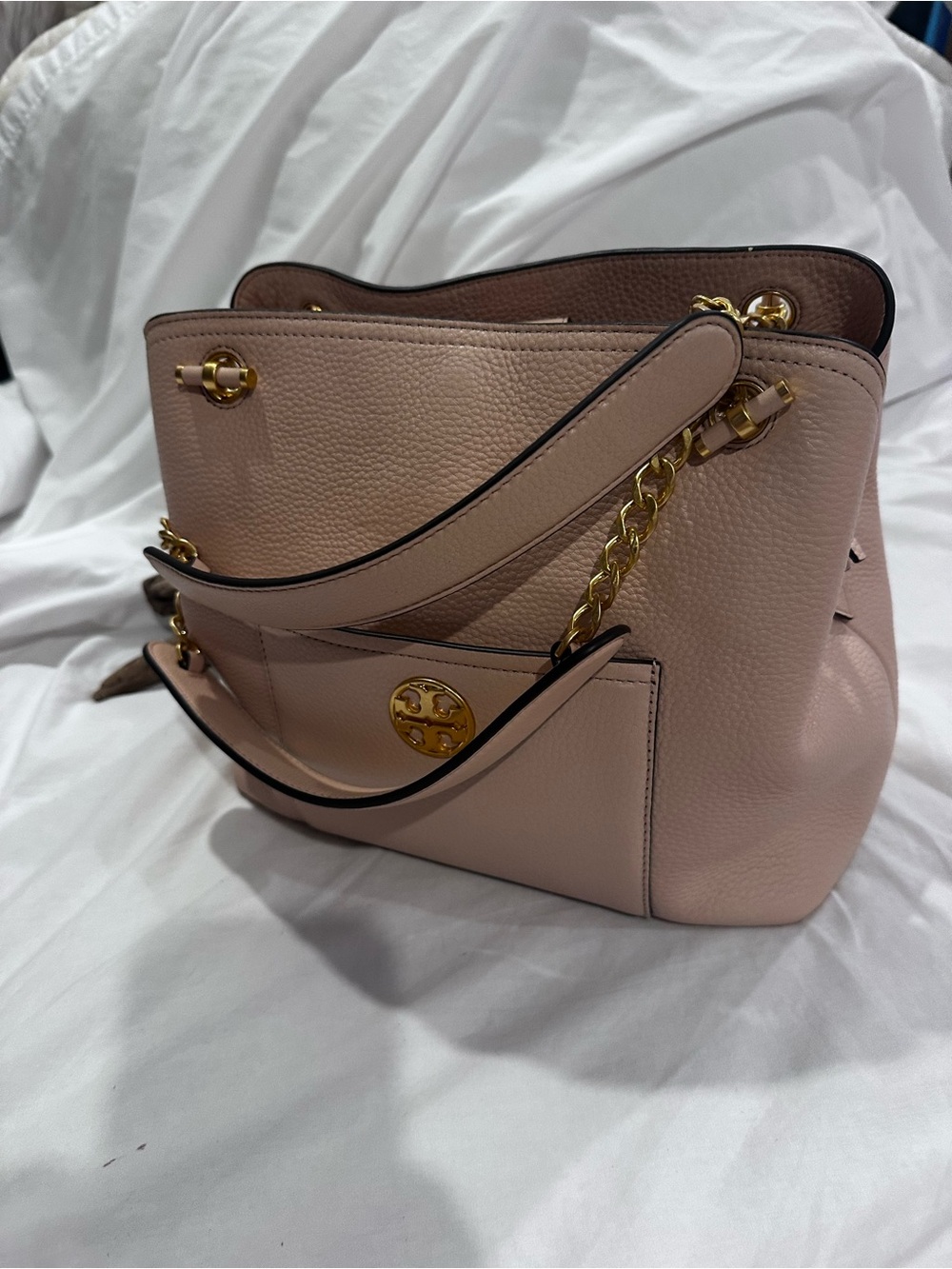 Tory Burch Blush Pink Pebbled Leather Shoulder Bag with Gold Hardware